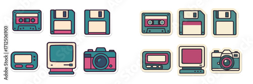 Set of retro electronic devices, old school data storage media, and vintage computer equipment icons