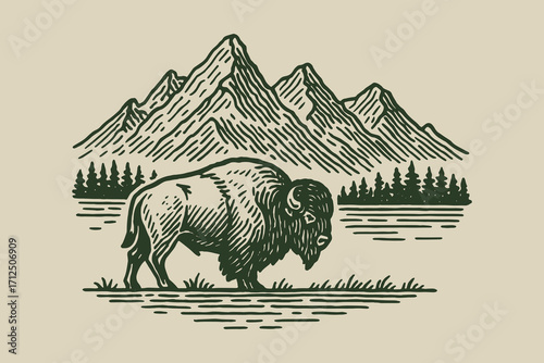 Bison with mountain landscape vintage engraving vector illustration