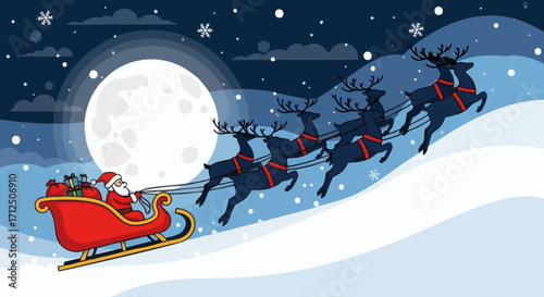 Santa Claus and his reindeer flying across a snowy landscape under a full moon at night.
