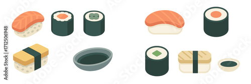 Colorful sushi assortment displayed on a clean white background in an appealing arrangement showcasing various types of rolls and sashimi
