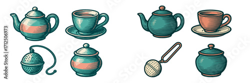Various tea set items including teapots, cups, and accessories displayed on a white background
