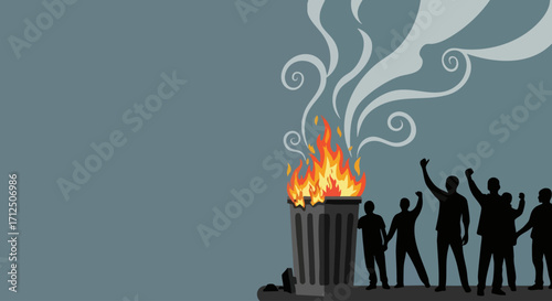 Silhouettes of people protesting around a burning trash can symbolizing social unrest and rebellion.