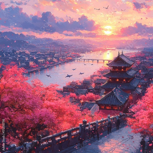 Cherry Blossoms Bloom Over Traditional Japanese City at Sunset