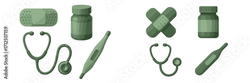 Collection of green medical items including stethoscope, thermometer, band-aid, and medication bottle arranged on a white background
