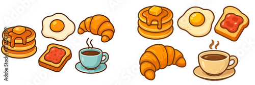Delicious breakfast spread featuring pancakes, eggs, croissants, and coffee in a cozy setting