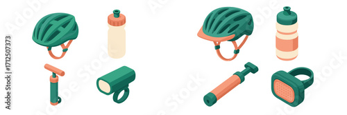 Bike safety gear and accessories arranged neatly on a white background for cycling enthusiasts and sport lovers