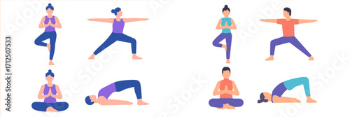 Yoga poses displayed in an illustrated arrangement showing various techniques and body postures for wellness