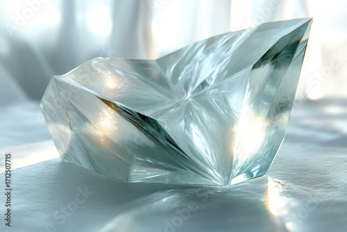A geometrically folded clear ice block shimmers with internal light on a cool, frosted surface.