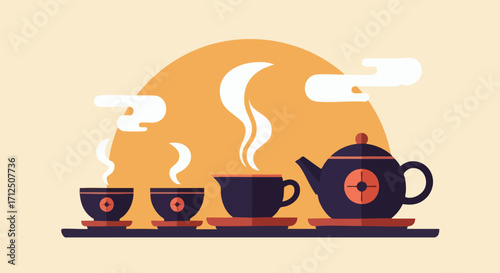 Traditional Tea Ceremony with Steaming Teacups and Teapot.