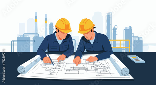 Two engineers in hard hats reviewing blueprints at a construction site.