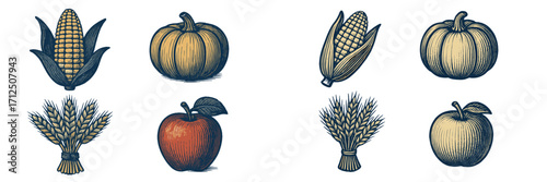 Colorful collection of vintage fruits and vegetables illustrations featuring corn, pumpkins, apples, and wheat