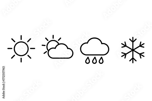 Sun, cloud, rain, and snow icons representing different weather conditions in a simple design