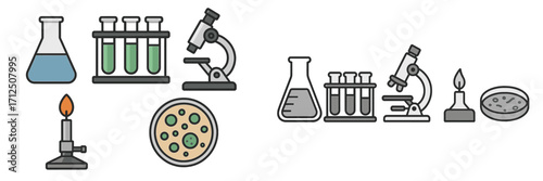 Lab equipment and tools illustrate basic science concepts related to experiments and biology in a simple and colorful style
