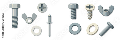 Various types of screws, bolts, and fasteners arranged in two groups on a plain background