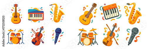 Colorful musical instruments displayed in a lively, artistic arrangement during a festive celebration