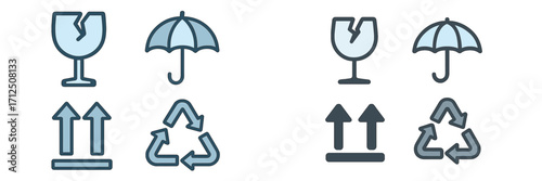 Symbols representing recycling, fragile items, and weather protection in a clear design for educational purposes