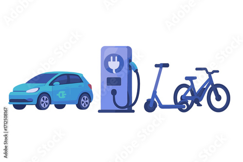Electric vehicles and charging stations showing the future of green transportation options for urban areas