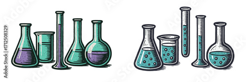 Colorful laboratory glassware showcasing different liquids and chemical experiments in an engaging and artistic style