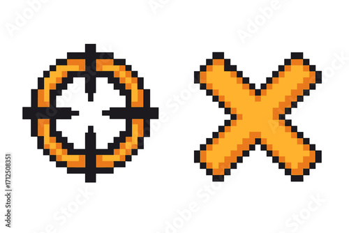 Pixel art aim icon set. Vector illustration of a retro 8-bit video game crosshair, target scope, and 'X' mark. Concepts of goal, focus, accuracy, error, and cancel.