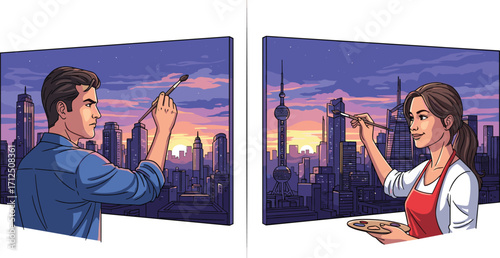 Cityscape painting, urban art, artists at work, canvas, skyline, sunset colors, creative process, indoor studio, modern city, artistic expression