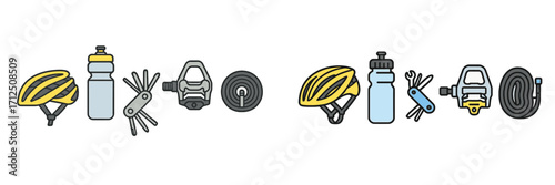 Essential cycling gear including helmets, water bottles, tools, and more for a safe and enjoyable ride