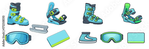 Winter sports gear collection featuring ski boots, snowboarding bindings, goggles, and accessories for outdoor activities