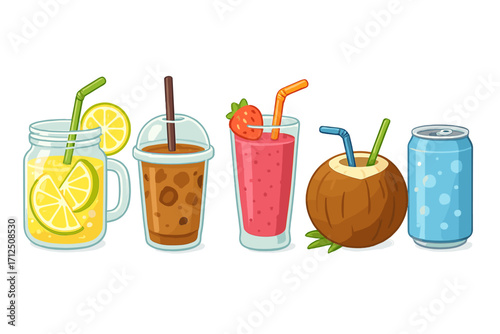 Refreshing summer drinks arranged in a row, showcasing vibrant colors and flavors at a sunny outdoor cafe