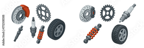 Detailed view of various automotive parts including brakes, tires, and suspension components