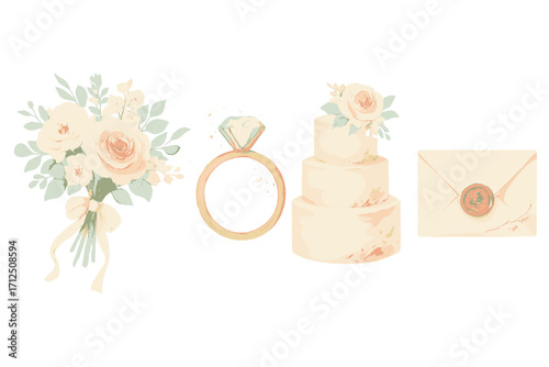 Elegant wedding elements featuring a bouquet, ring, cake, and envelope for a romantic celebration