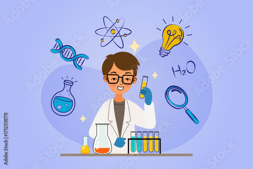 Science and research concept. A young male scientist or student works in a chemistry lab, holding  test tube. Icons of a DNA, atom, and lightbulb symbolize discovery. Vector illustration for education