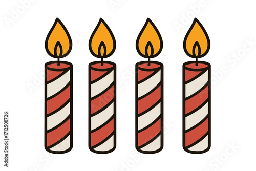 Set of four striped birthday candles. Celebration vector icon. Cartoon party decoration illustration. Festive holiday and Christmas candle light flat design element.