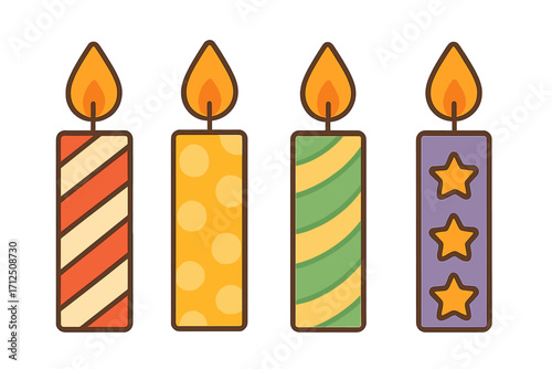 Set of colorful birthday candles. Flat cartoon vector illustration. Party celebration decoration elements. Festive icons with patterns like stripes, polka dots and stars.