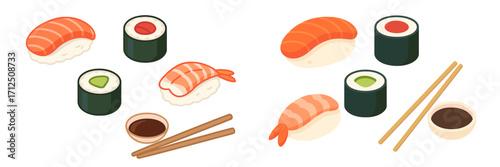 Delicious sushi spread featuring salmon, shrimp, and various rolls with soy sauce and chopsticks on the table