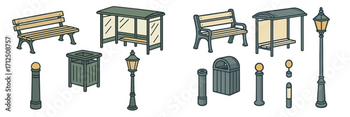 Urban park furniture and street elements displayed in a simple design layout