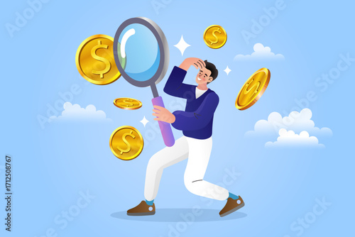 Searching for financial opportunities concept. A young man with a magnifying glass looks for and finds floating gold coins. Vector illustration for investment, profit, and business research.