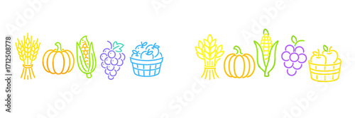 Colorful line art of fruits and vegetables showcases the harvest season in a cheerful design
