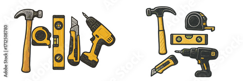 Collection of yellow and black hand tools arranged for a DIY project on a clean surface