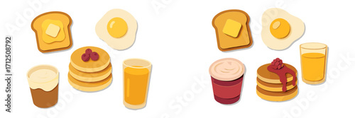 Breakfast spread featuring pancakes, eggs, toast, and beverages in a colorful arrangement for a cheerful morning