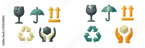 Simple and colorful icons showing eco-friendly practices and safety measures in packaging design