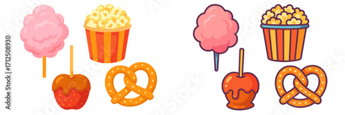 Colorful cotton candy and popcorn alongside pretzels and caramel apples at a fair or carnival snack stand