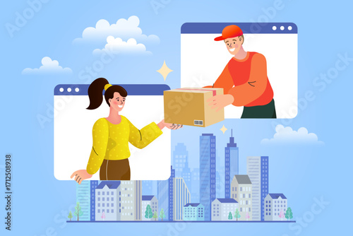 Online delivery and courier service concept. A seller hands a package to a delivery man through a digital interface over a city skyline. Vector for an e-commerce shipping and logistics platform.