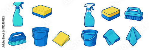 Cleaning supplies arranged for effective household cleaning tasks in a bright and colorful design