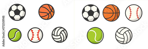 Collection of colorful sports balls including soccer, basketball, baseball, tennis, and volleyball in a simple design