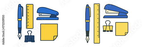 Stationery items arranged on a white background showcasing a blue stapler, pens, and yellow sticky notes