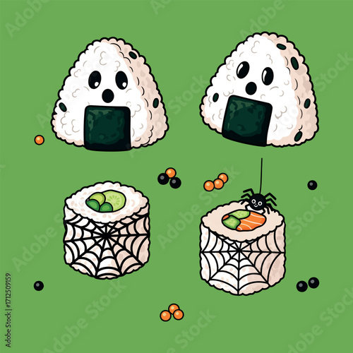 Spooky Sushi set (ghost-shaped onigiri, spiderweb maki rolls) vector