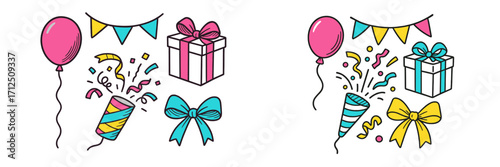 Colorful celebration elements featuring balloons, gifts, and party decorations suitable for various festive occasions
