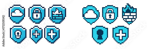 Modern pixel art icons featuring security and cloud technology symbols in blue tones on a digital background