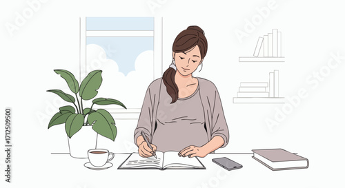 Young Woman Writing in a Notebook at a Desk with a Plant and Coffee.