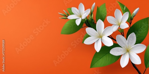 Delicate white champa flowers gracefully arranged on a vibrant orange background with ample free space for creative text or messages and a touch of natural elegance