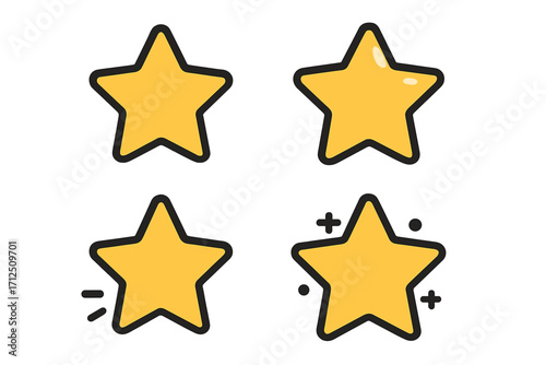 Star icon set. Rating stars vector illustration. Customer review, quality, feedback symbol. Product satisfaction. Success, award, achievement concept. Golden sparkle stars.
